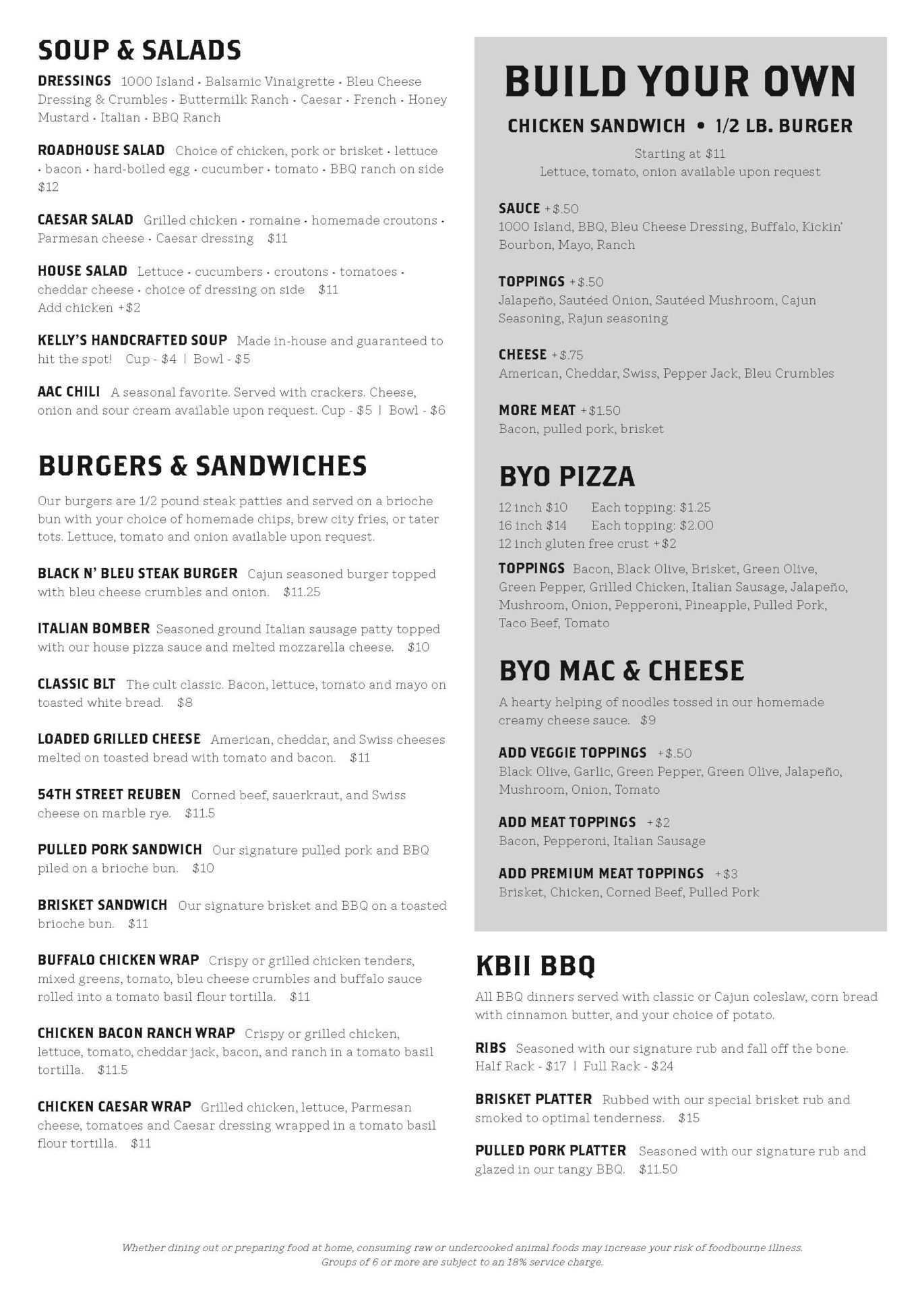 Menu Kelly's Bleachers Wind Lake