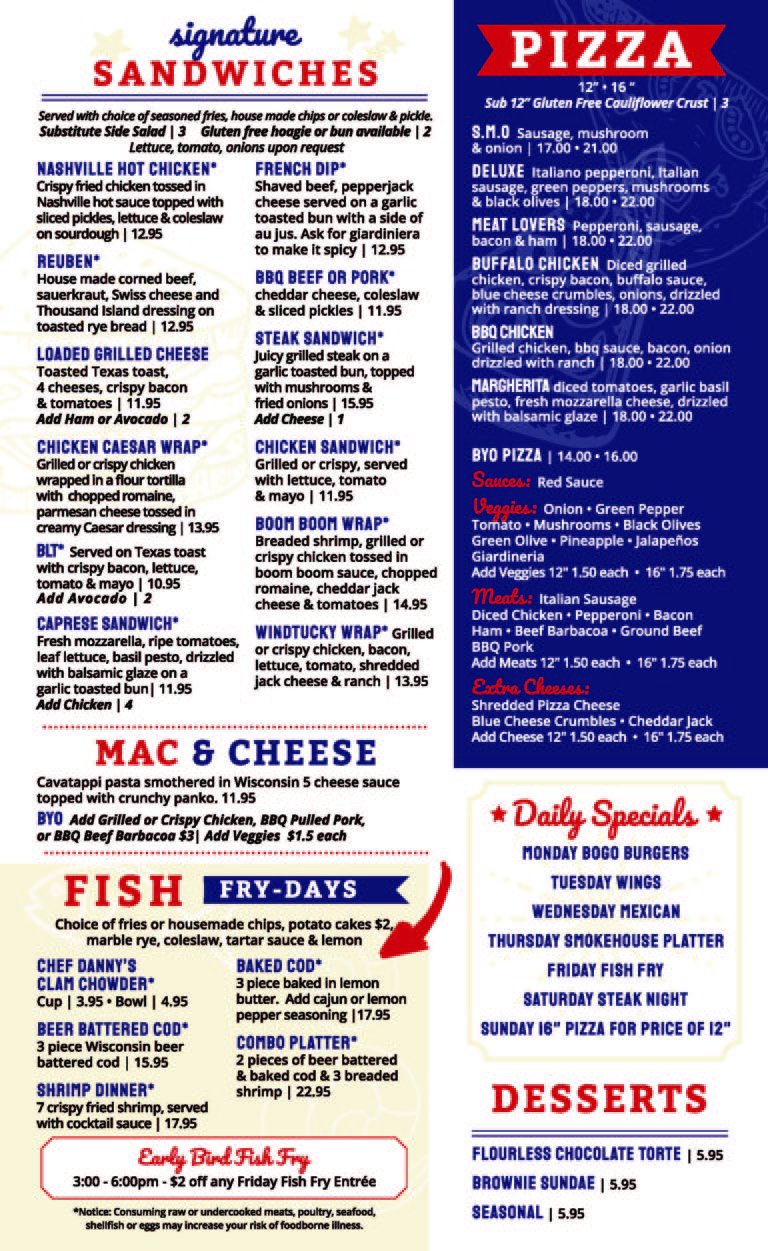 Menu Kelly's Bleachers Wind Lake