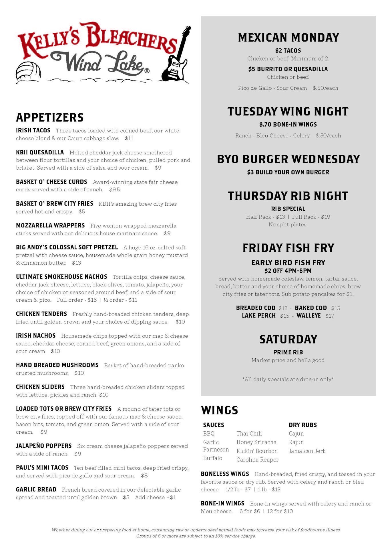 Menu | Kelly's Bleachers Wind Lake